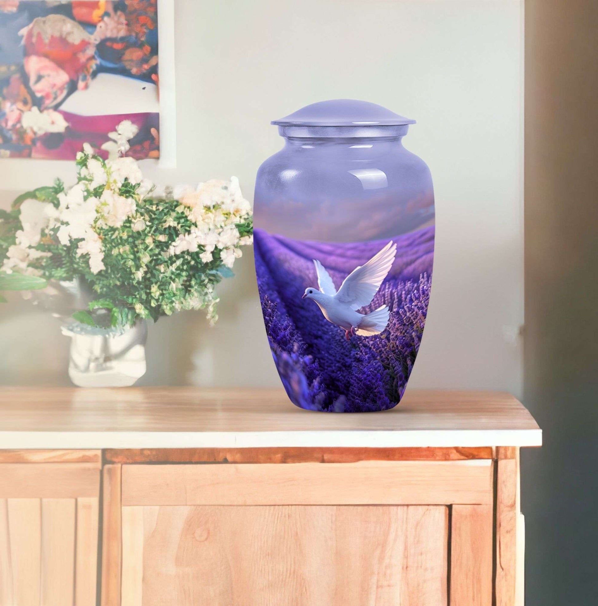 white dove on purple metal urn 