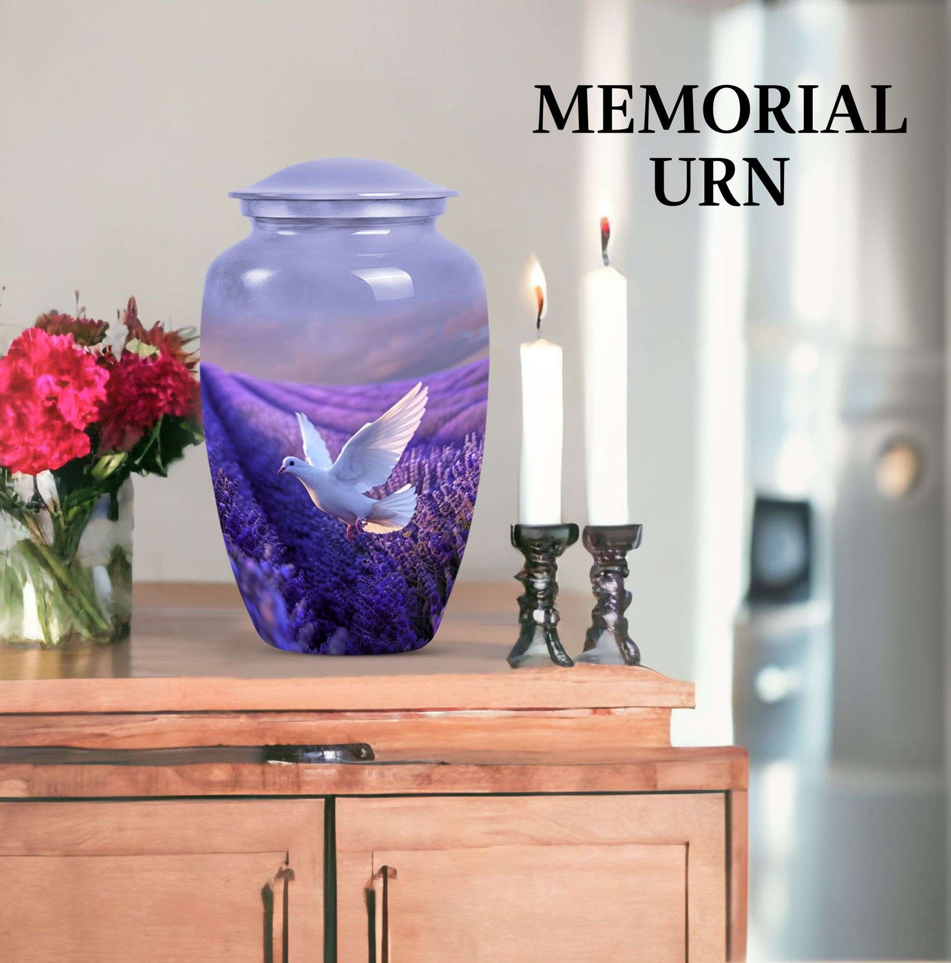 white dove on purple metal urn 