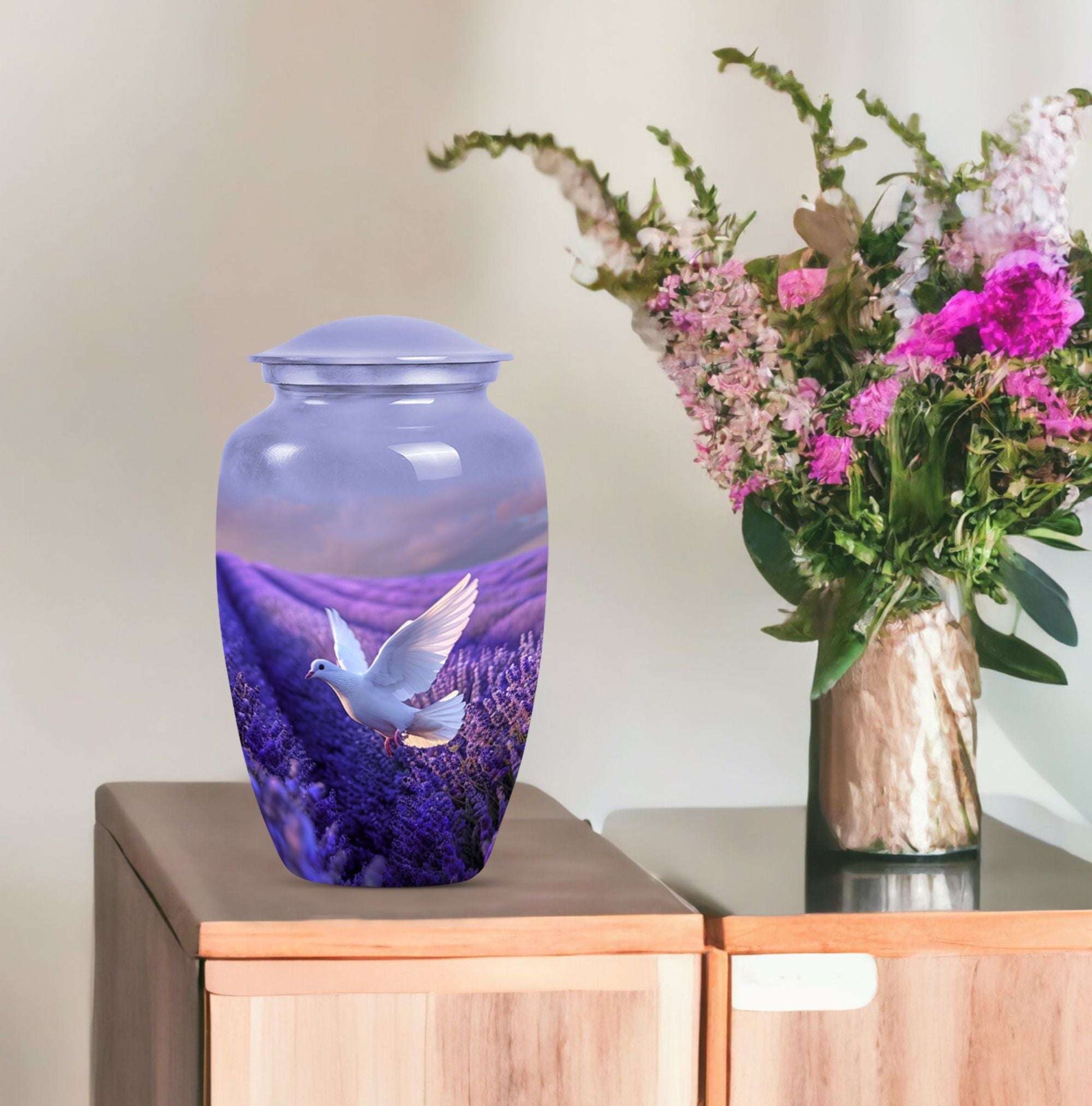 white dove on purple metal urn 