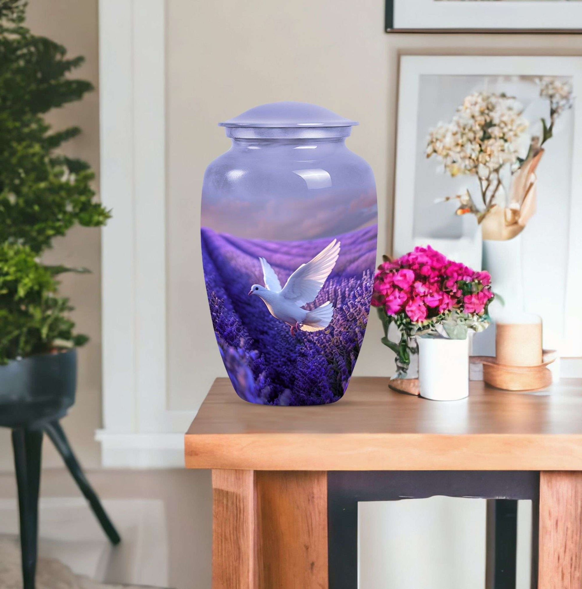 white dove on purple metal urn 