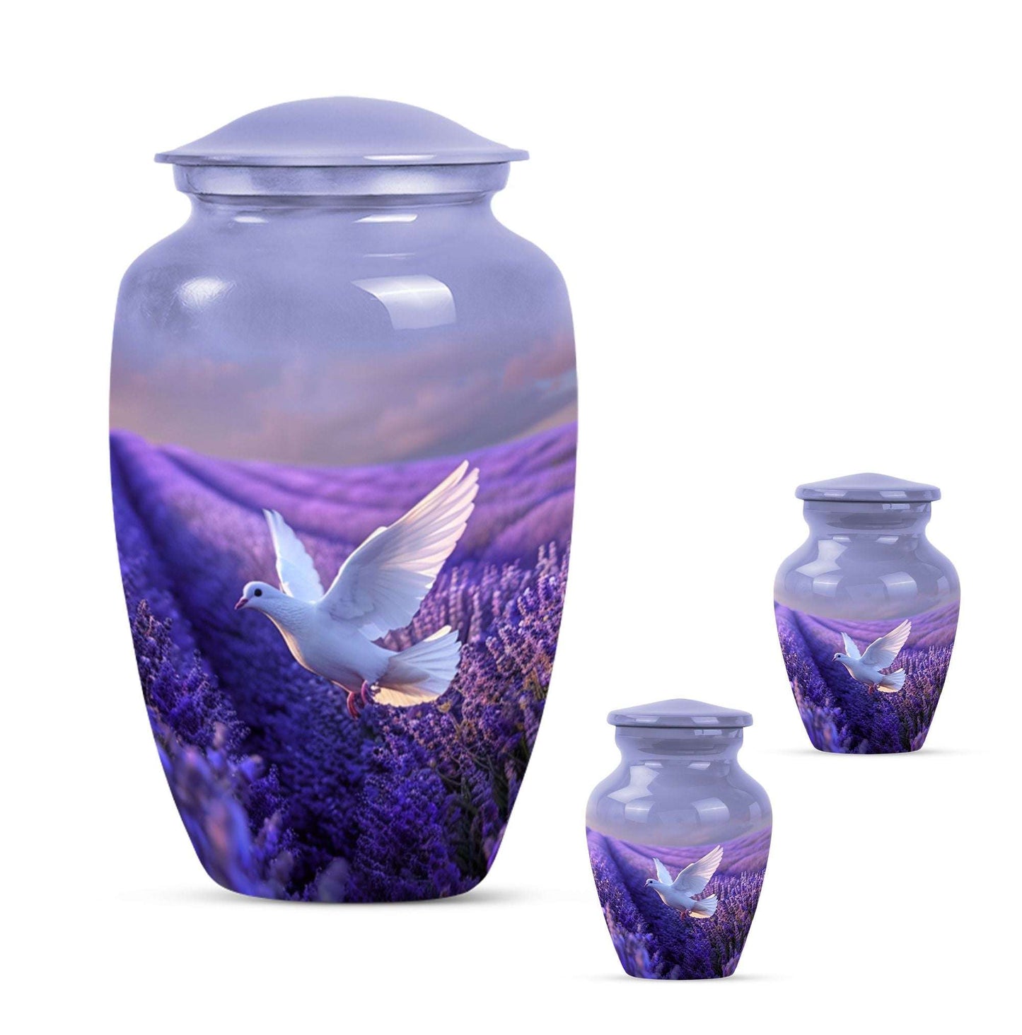white dove on purple metal urn 