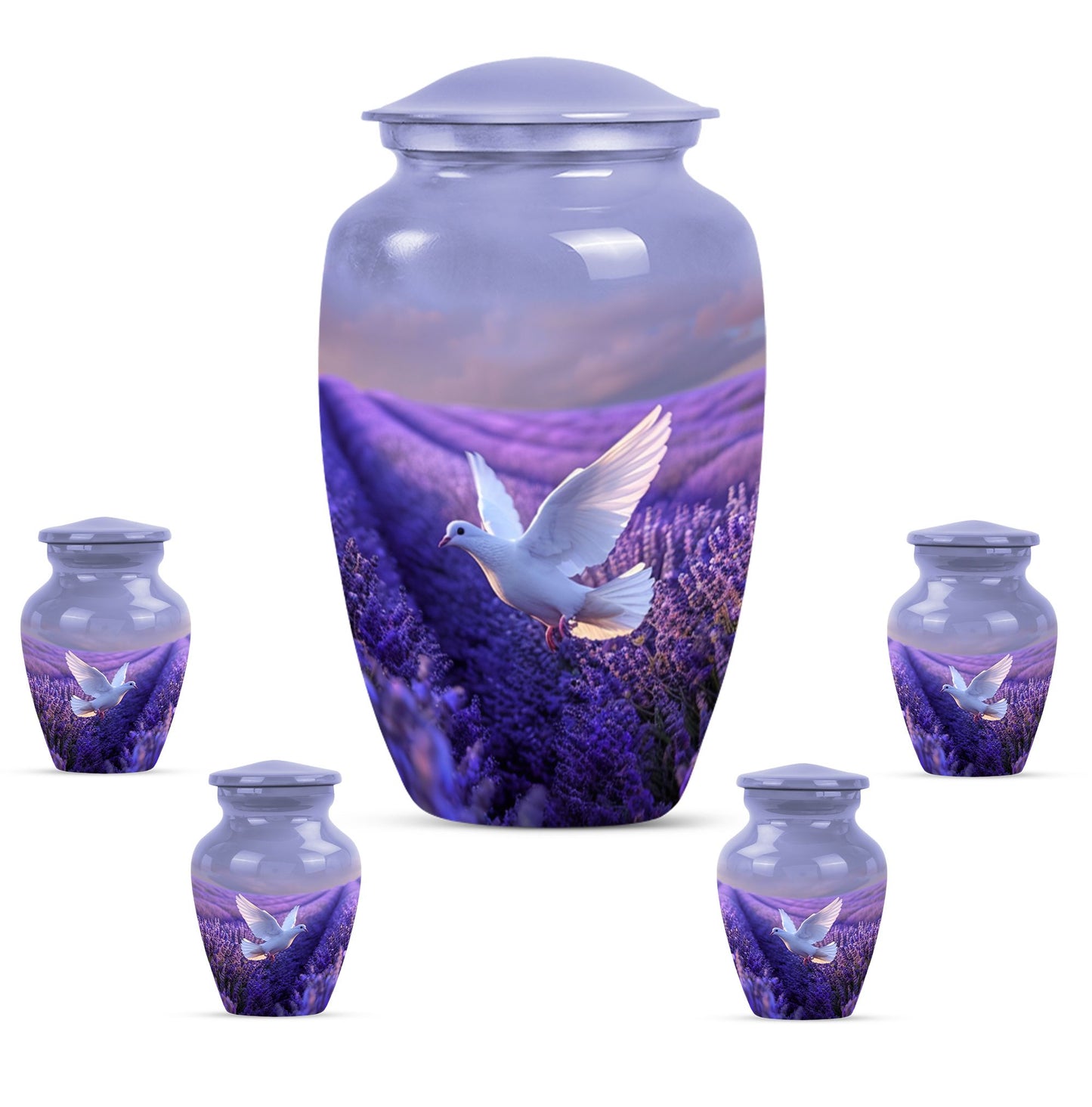 White Dove On Purple Theme Large Urn With 4 Keepsake Urn