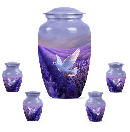 White Dove On Purple Theme Large Urn With 4 Keepsake Urn