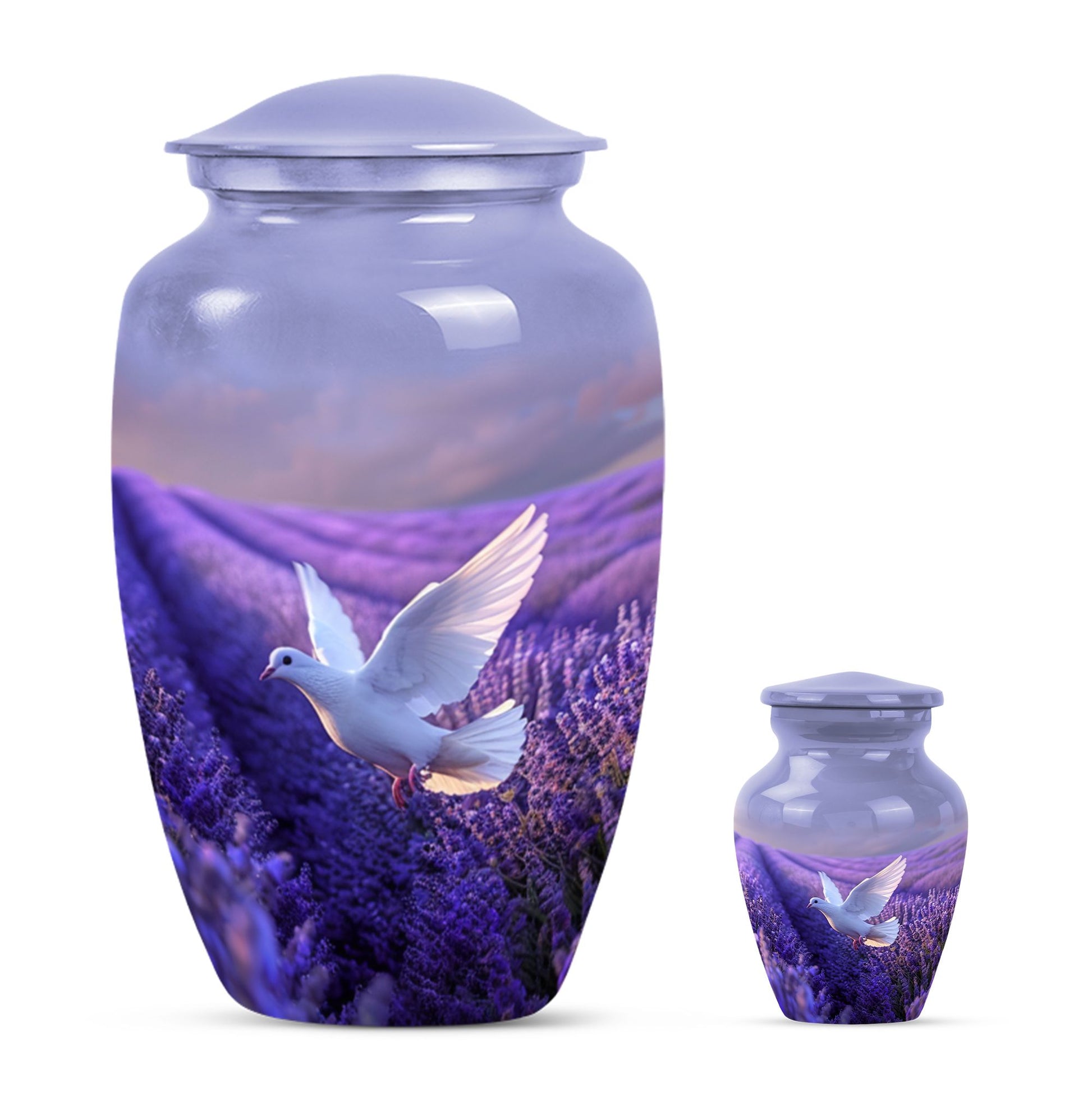 White Dove On Purple Theme Large Urn With 1 Keepsake Urn