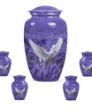 White Dove On Purple Theme Large Urn With 4 Keepsake Urn
