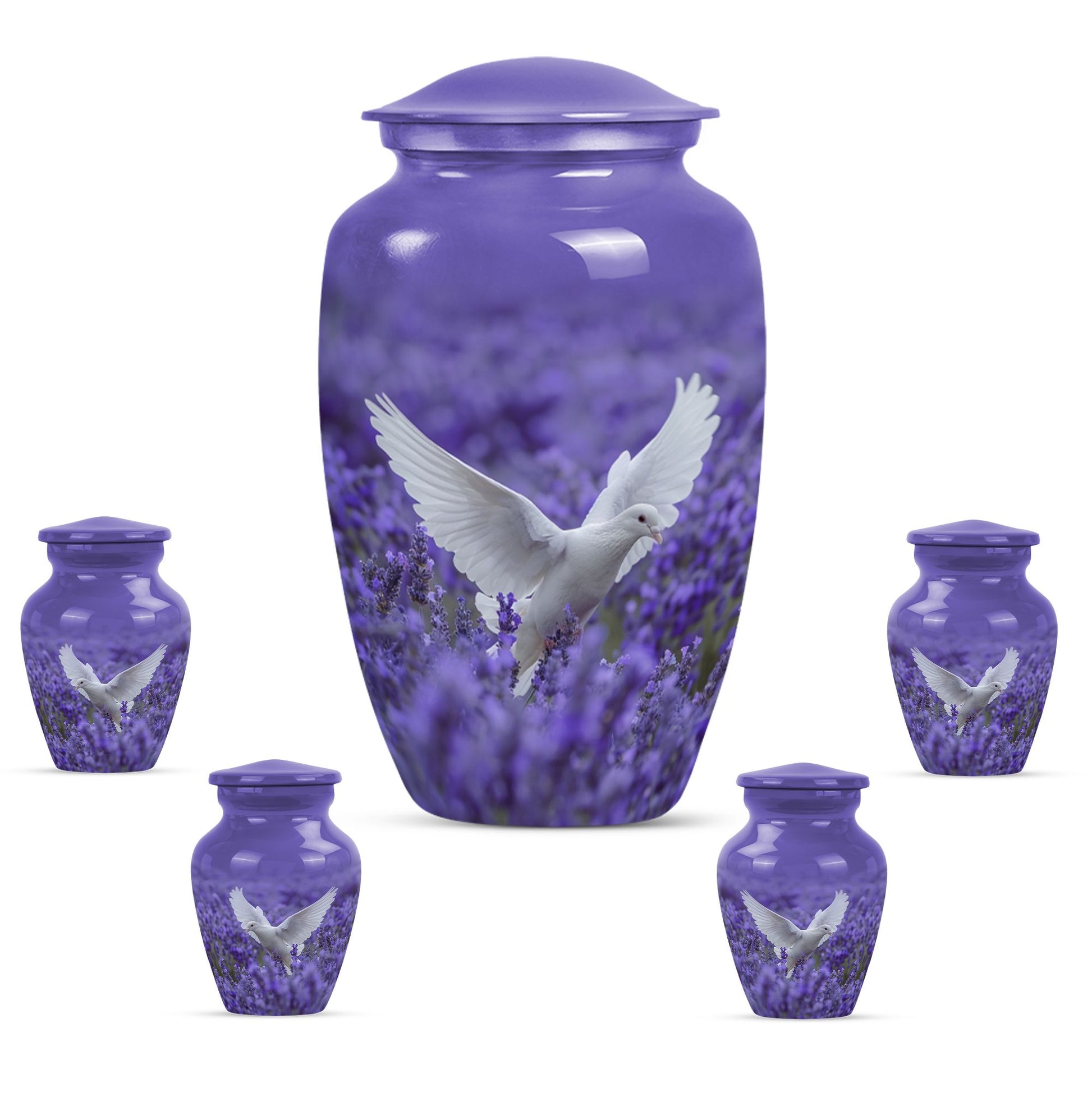 White Dove On Purple Theme Large Urn With 4 Keepsake Urn
