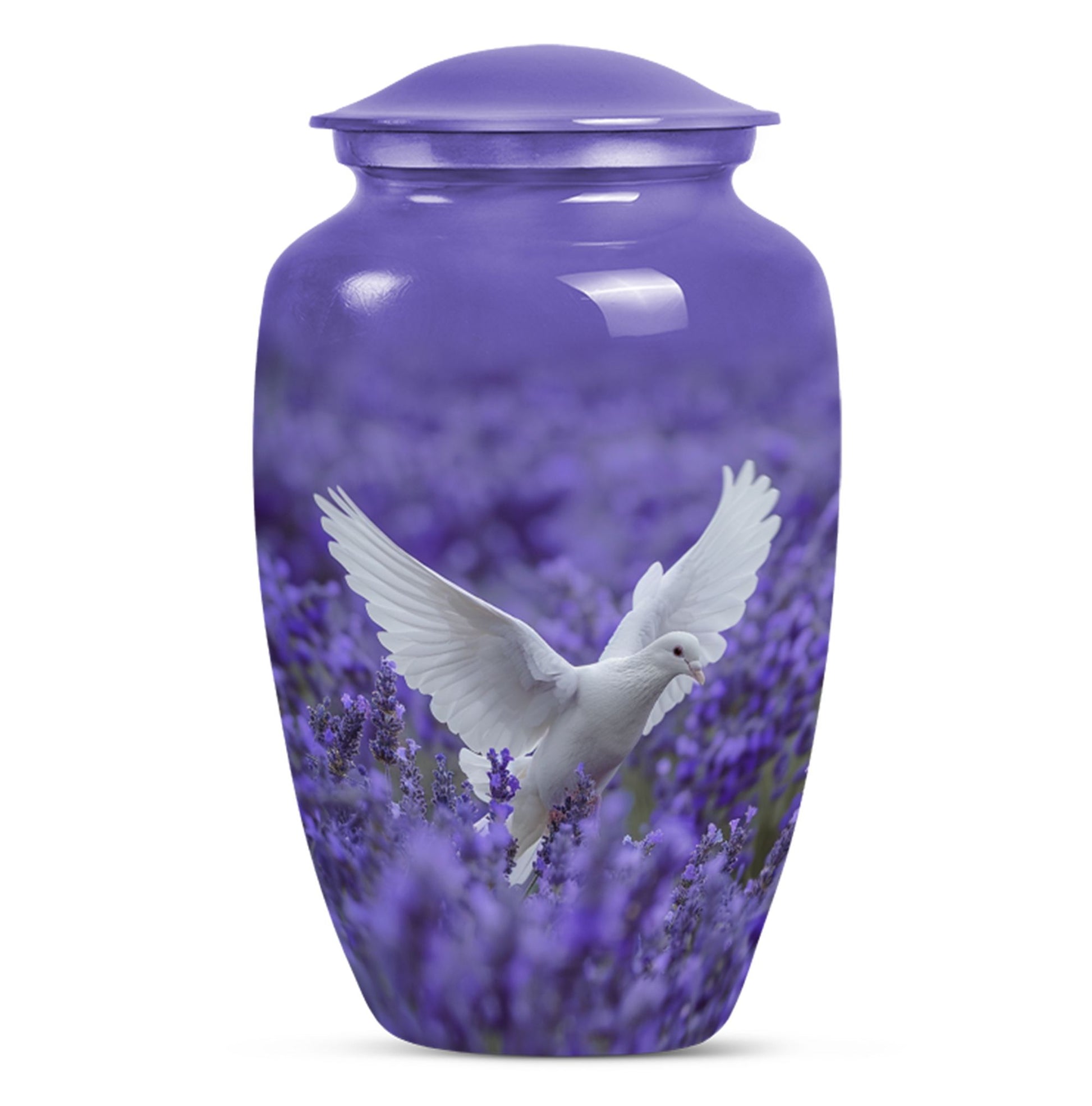 White Dove On Purple Theme Large Urn 10 Inch