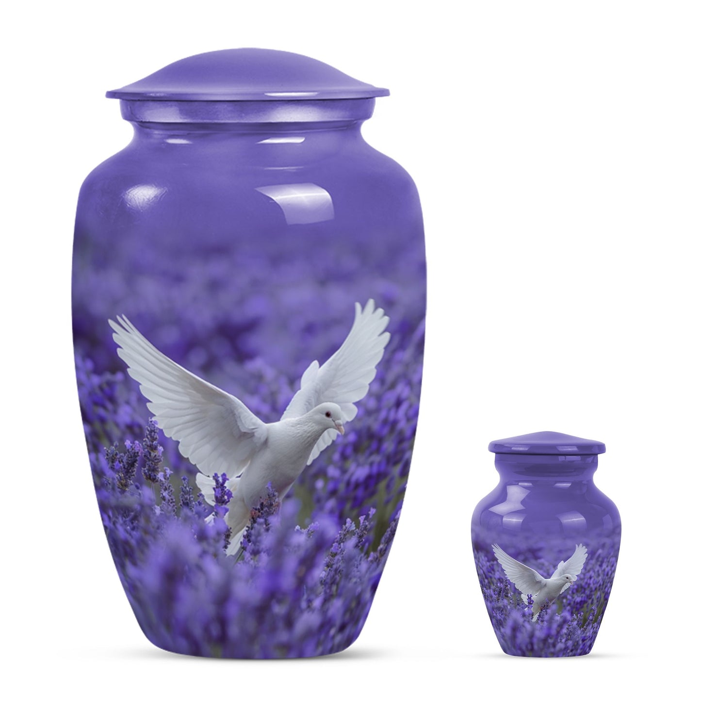 White Dove On Purple Theme Large Urn With 1 Keepsake Urn