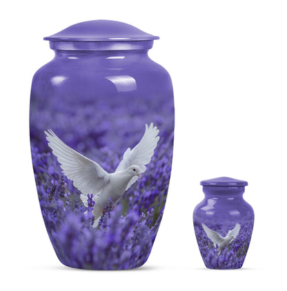 White Dove On Purple Theme Large Urn With 1 Keepsake Urn