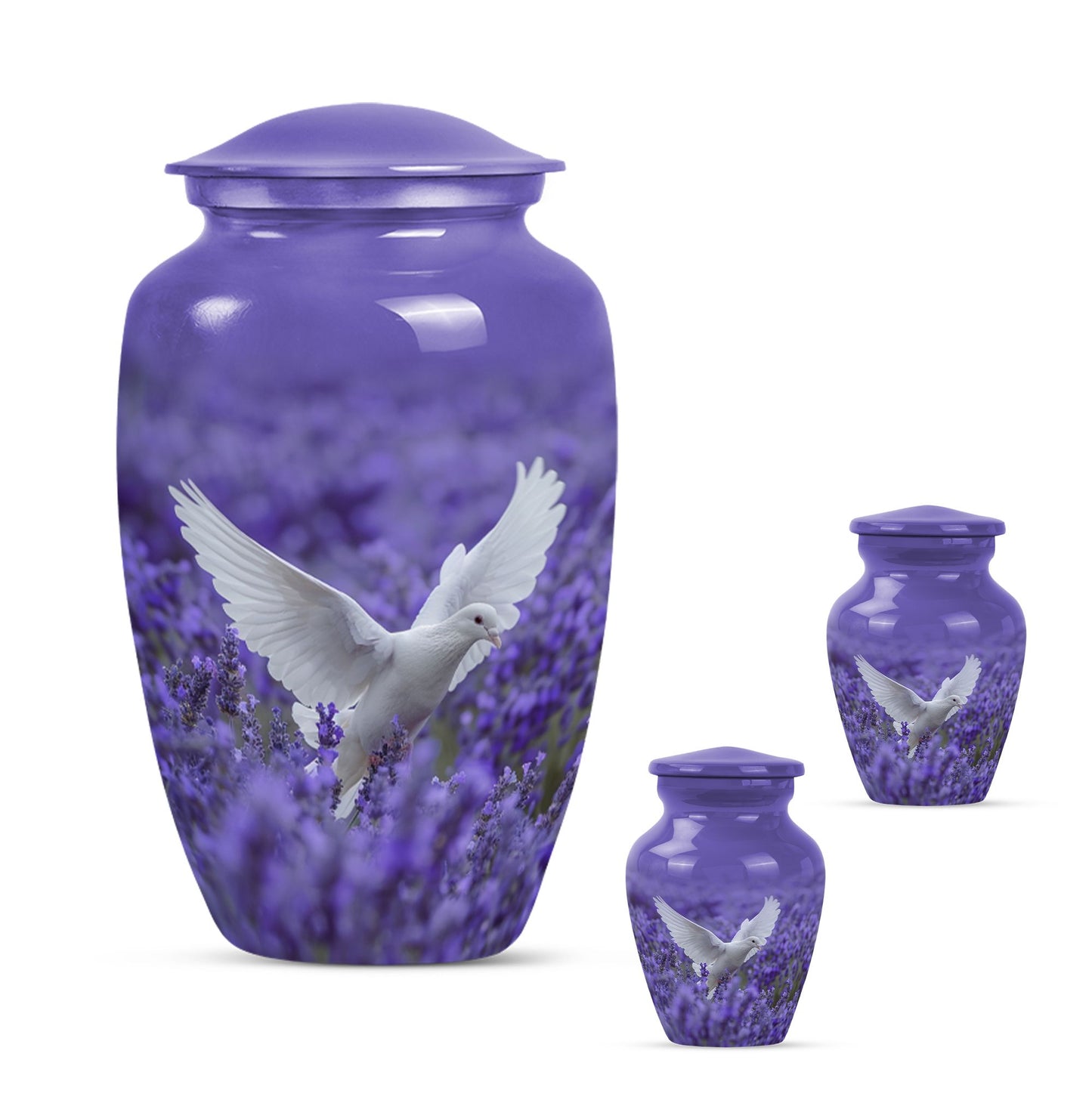White Dove On Purple Theme Large Urn With 2 Keepsake Urn