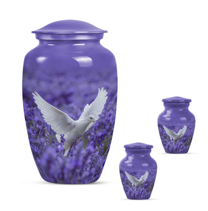 White Dove On Purple Theme Large Urn With 2 Keepsake Urn
