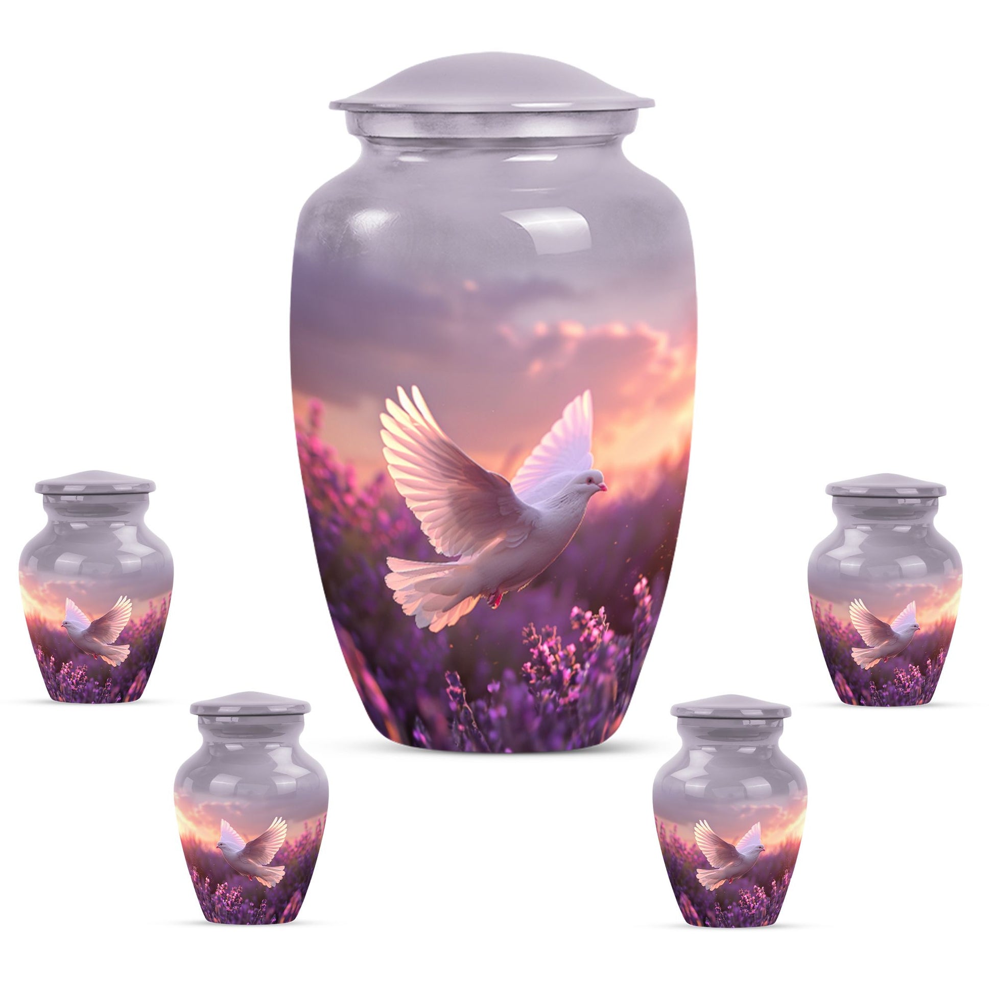 White Dove On Purple Theme Large Urn With 4 Keepsake Urn