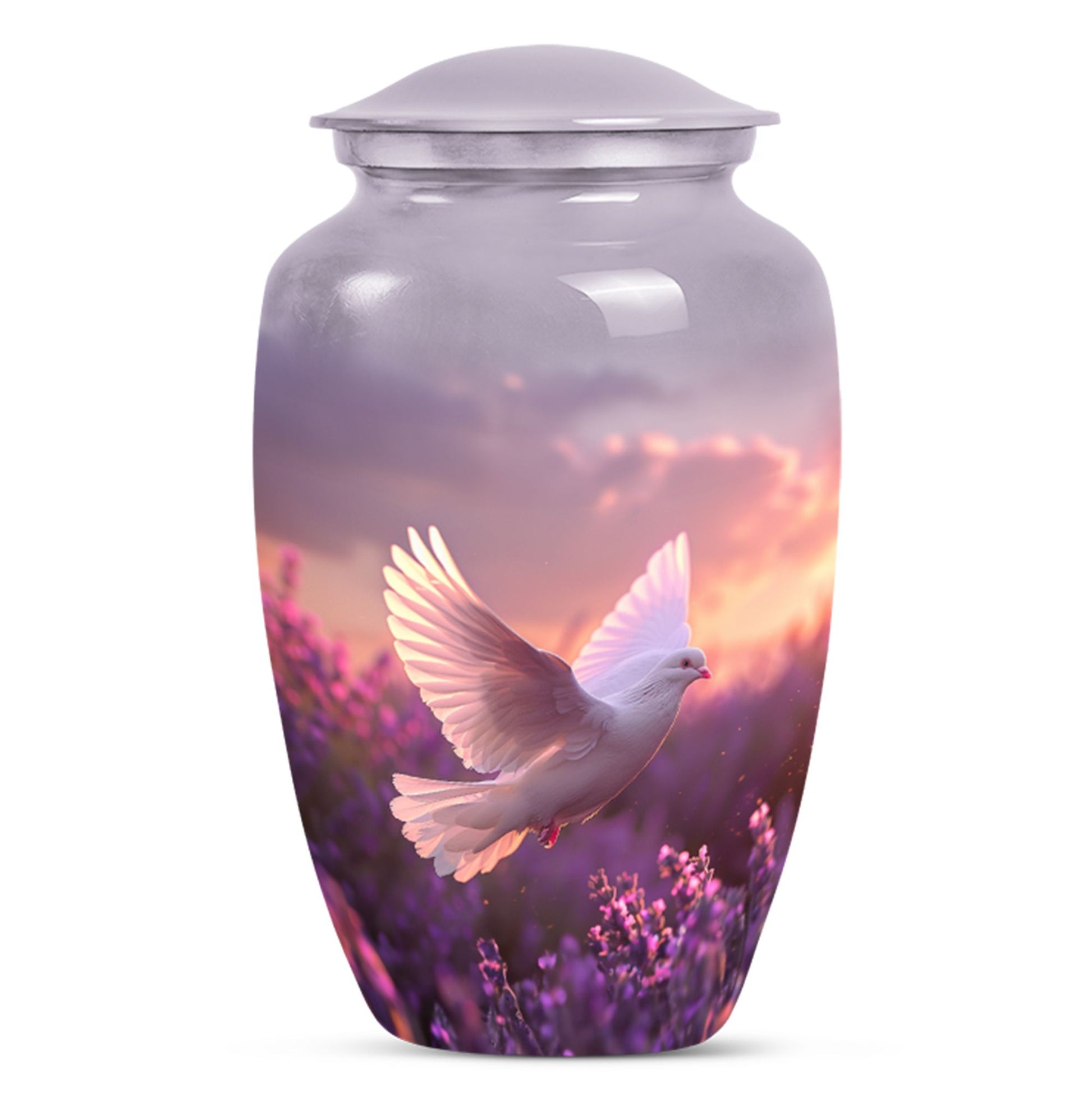 White Dove On Purple Theme Large Urn 10 Inch