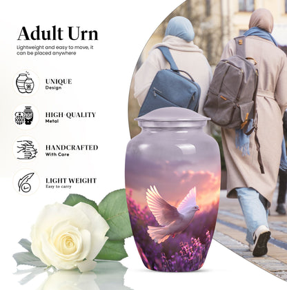 10-inch classic butterfly-themed purple urn featuring a white dove.