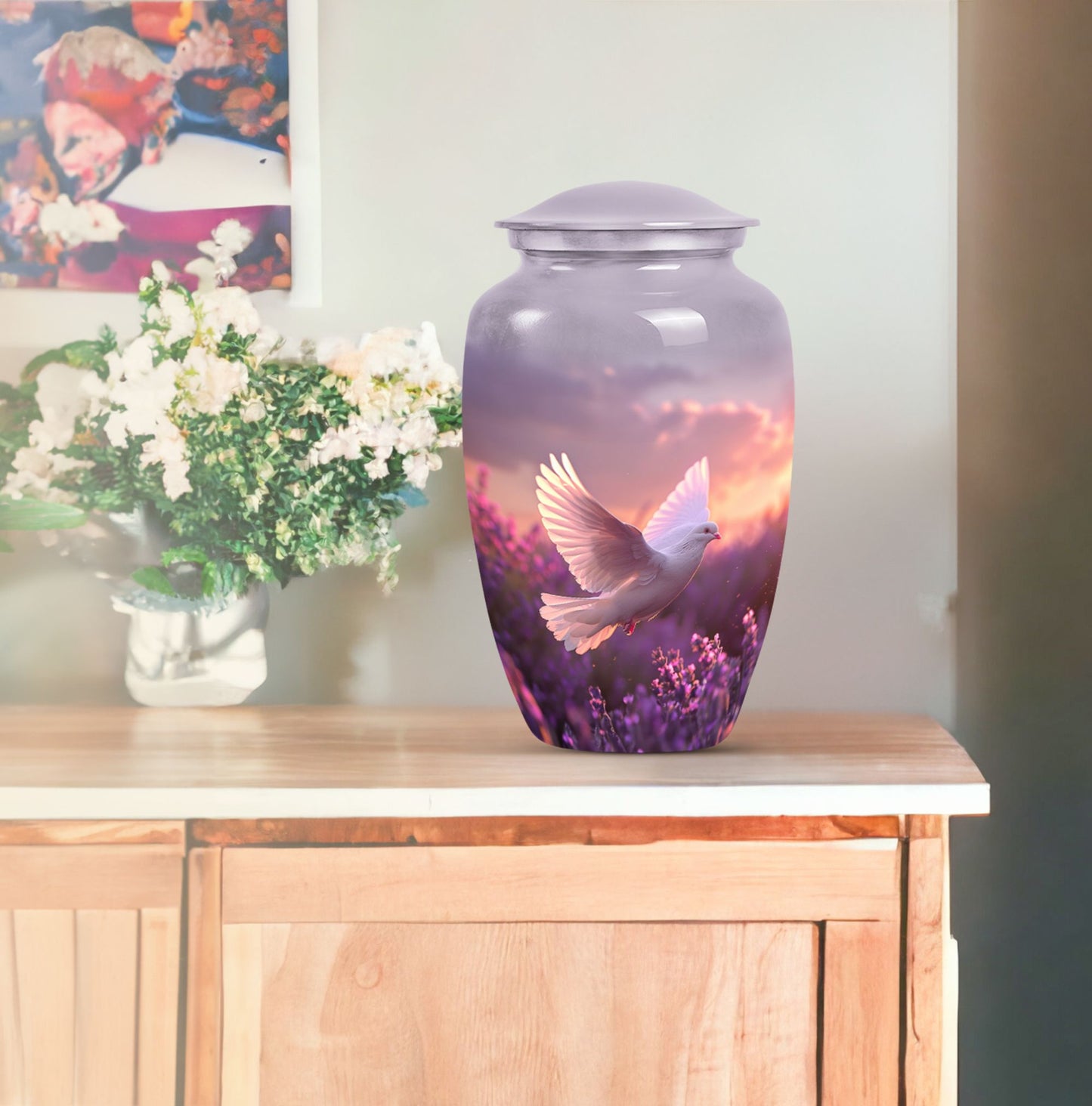 10-inch classic butterfly-themed purple urn featuring a white dove.