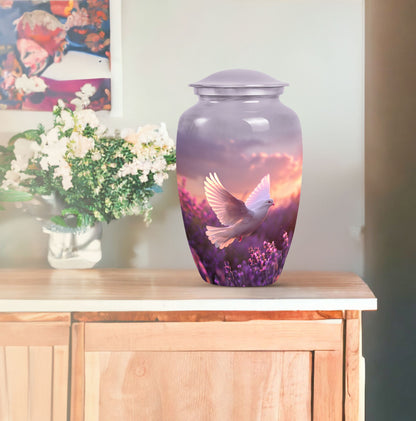 10-inch classic butterfly-themed purple urn featuring a white dove.