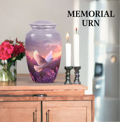 10-inch classic butterfly-themed purple urn featuring a white dove.
