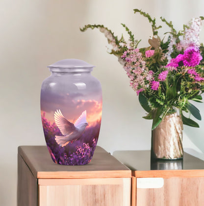 10-inch classic butterfly-themed purple urn featuring a white dove.