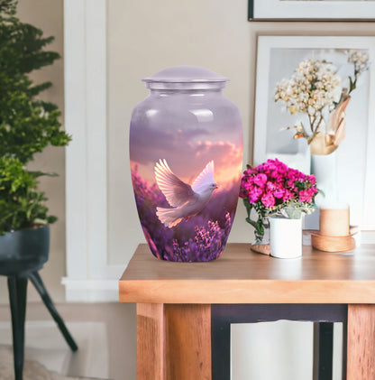 10-inch classic butterfly-themed purple urn featuring a white dove.
