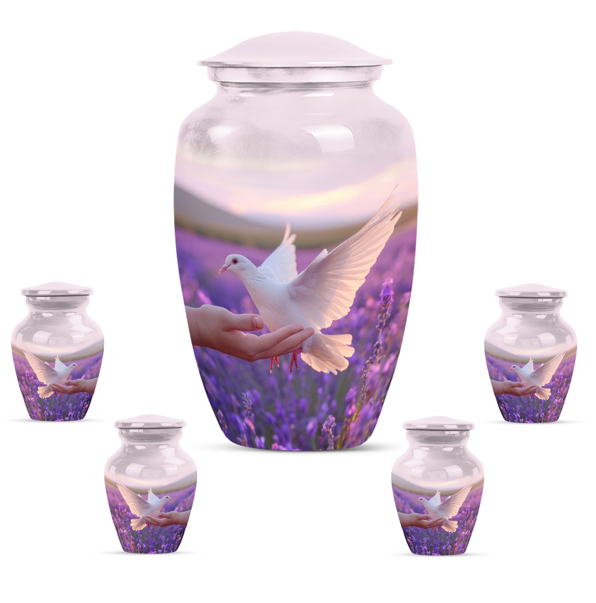 White Dove On Purple Theme Large Urn With 4 Keepsake Urn