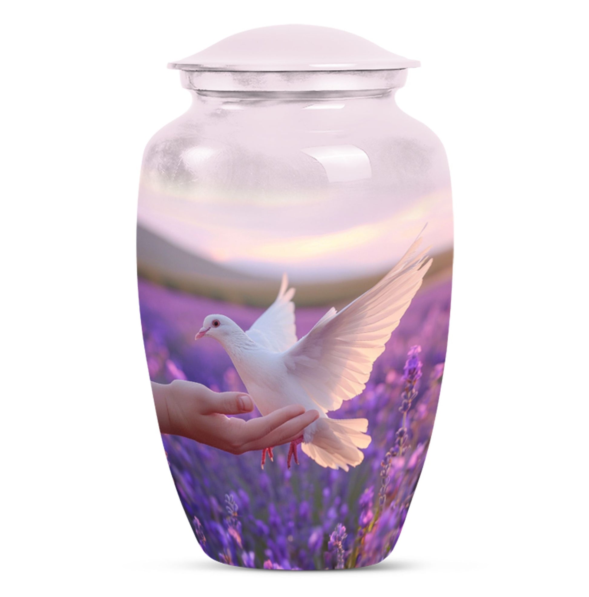White Dove On Purple Theme Large Urn 10 Inch