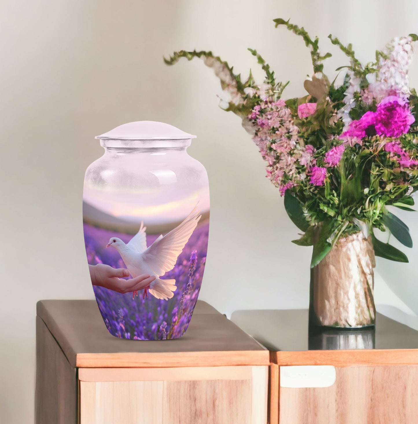 10-inch Classic urn with white dove on purple