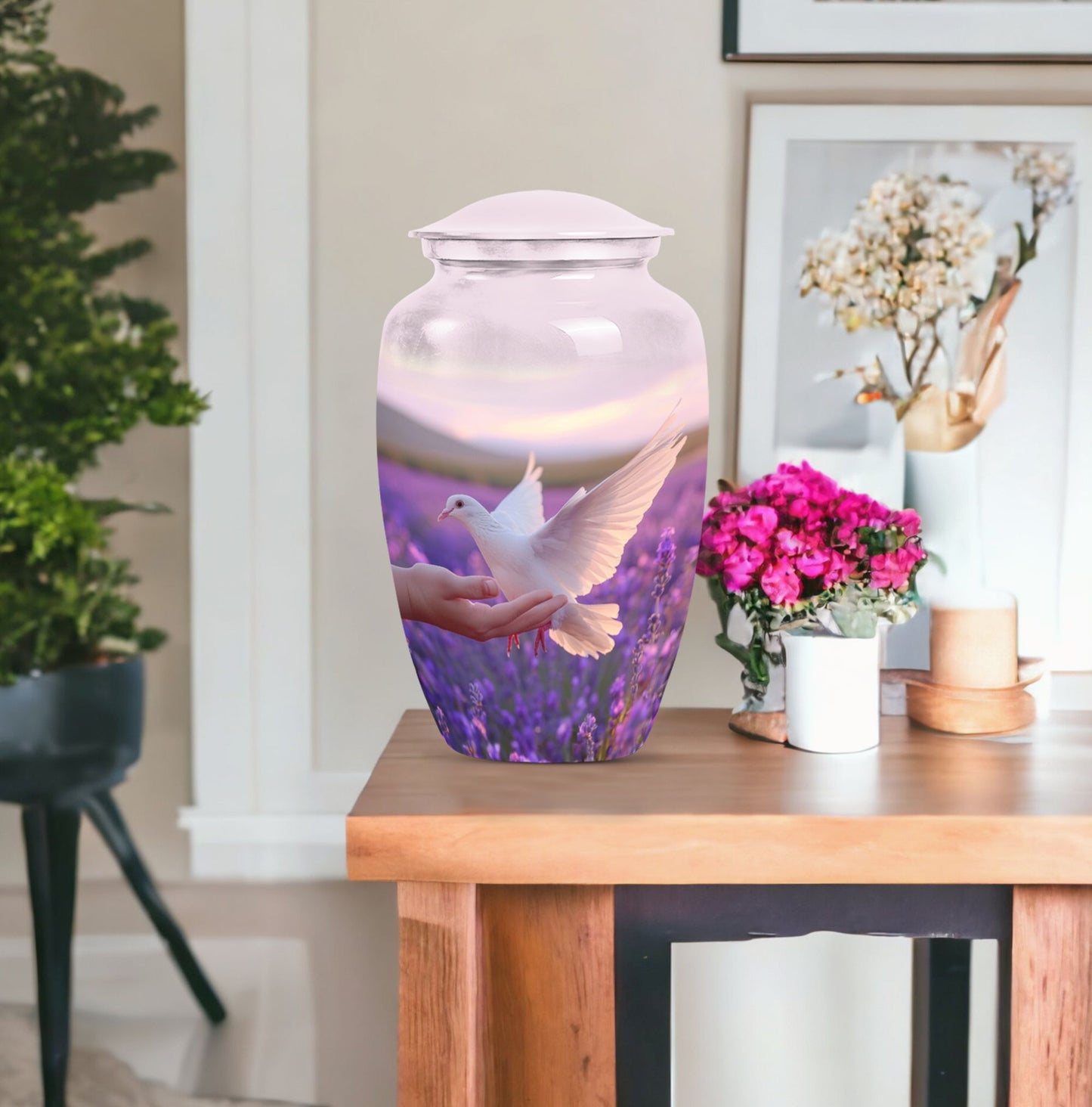 10-inch Classic urn with white dove on purple