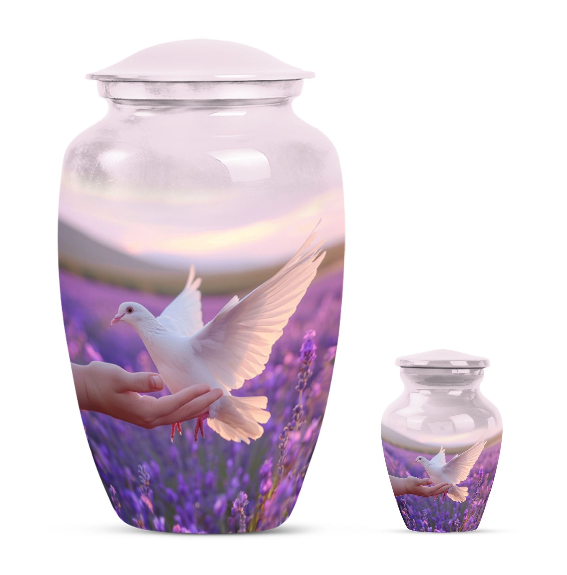 White Dove On Purple Theme Large Urn With 1 Keepsake Urn