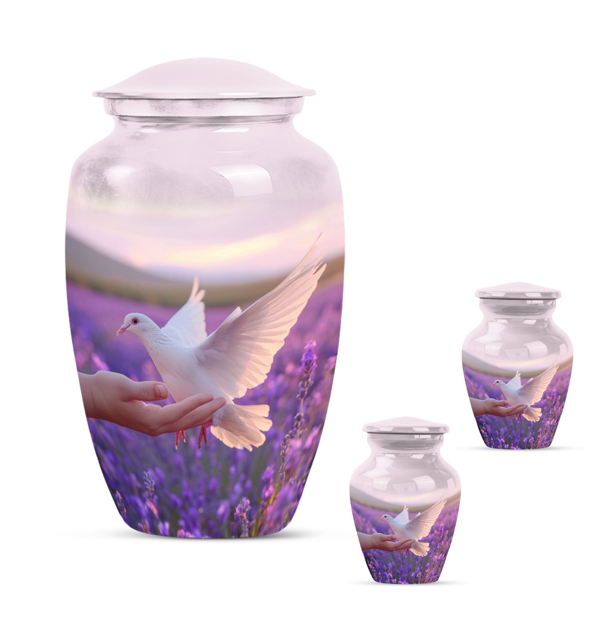 White Dove On Purple Theme Large Urn With 2 Keepsake Urn