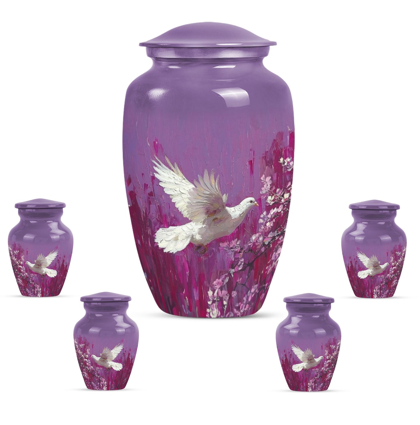 Classic 10-inch white dove on purple urn for ashes.