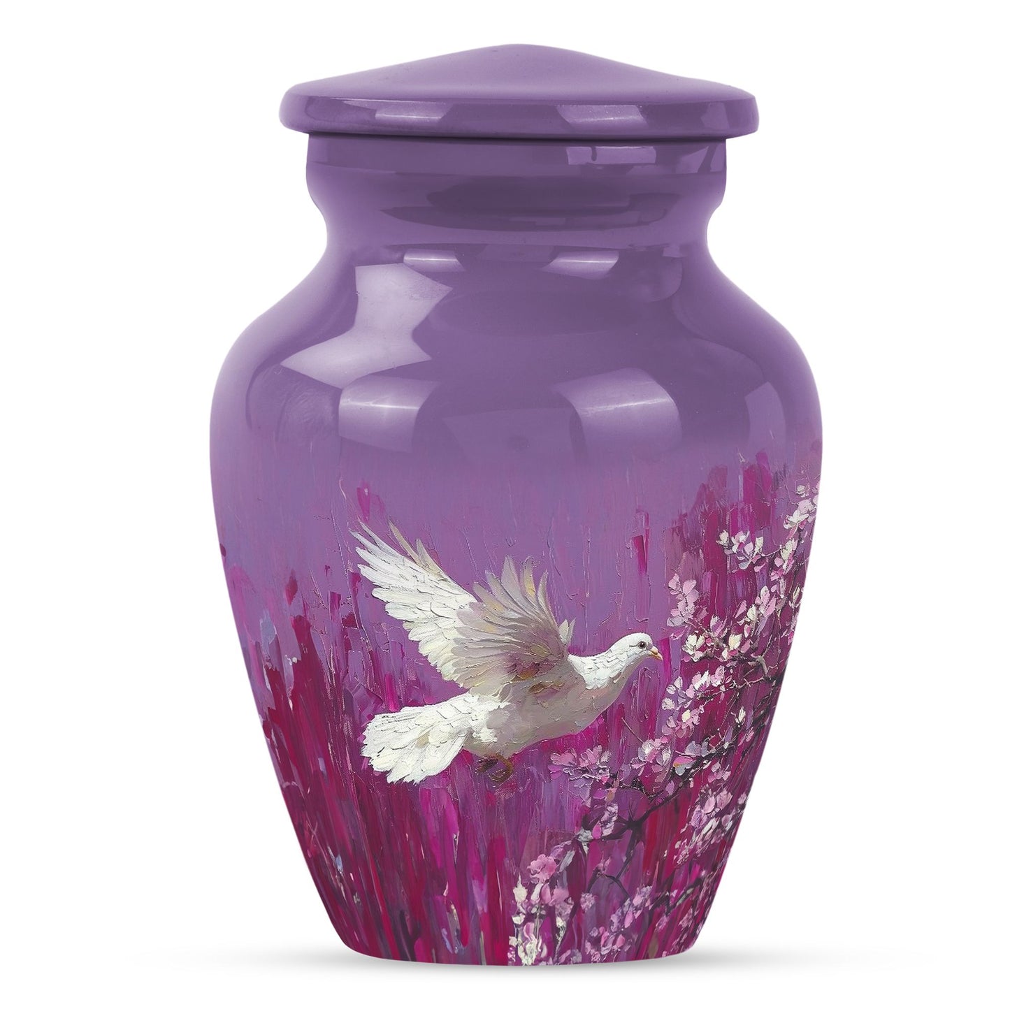 Classic 10-inch white dove on purple urn for ashes.