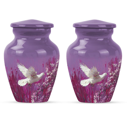 Classic 10-inch white dove on purple urn for ashes.