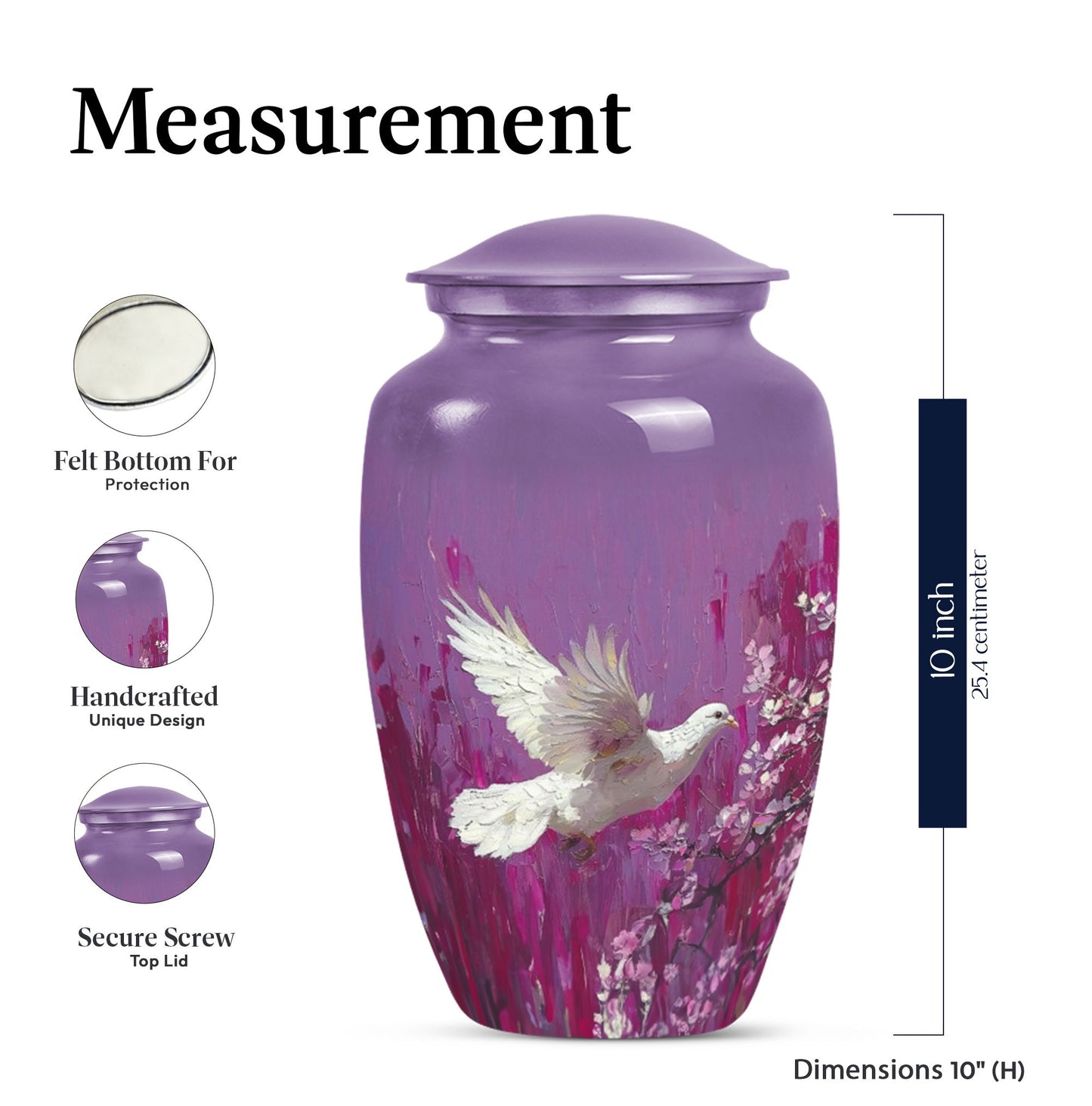 Classic 10-inch white dove on purple urn for ashes.