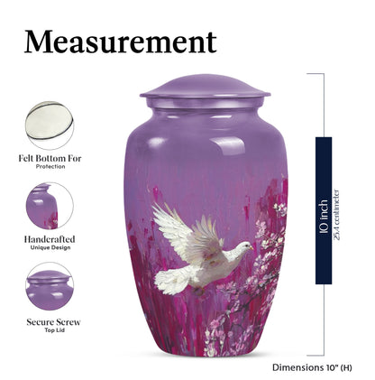 Classic 10-inch white dove on purple urn for ashes.