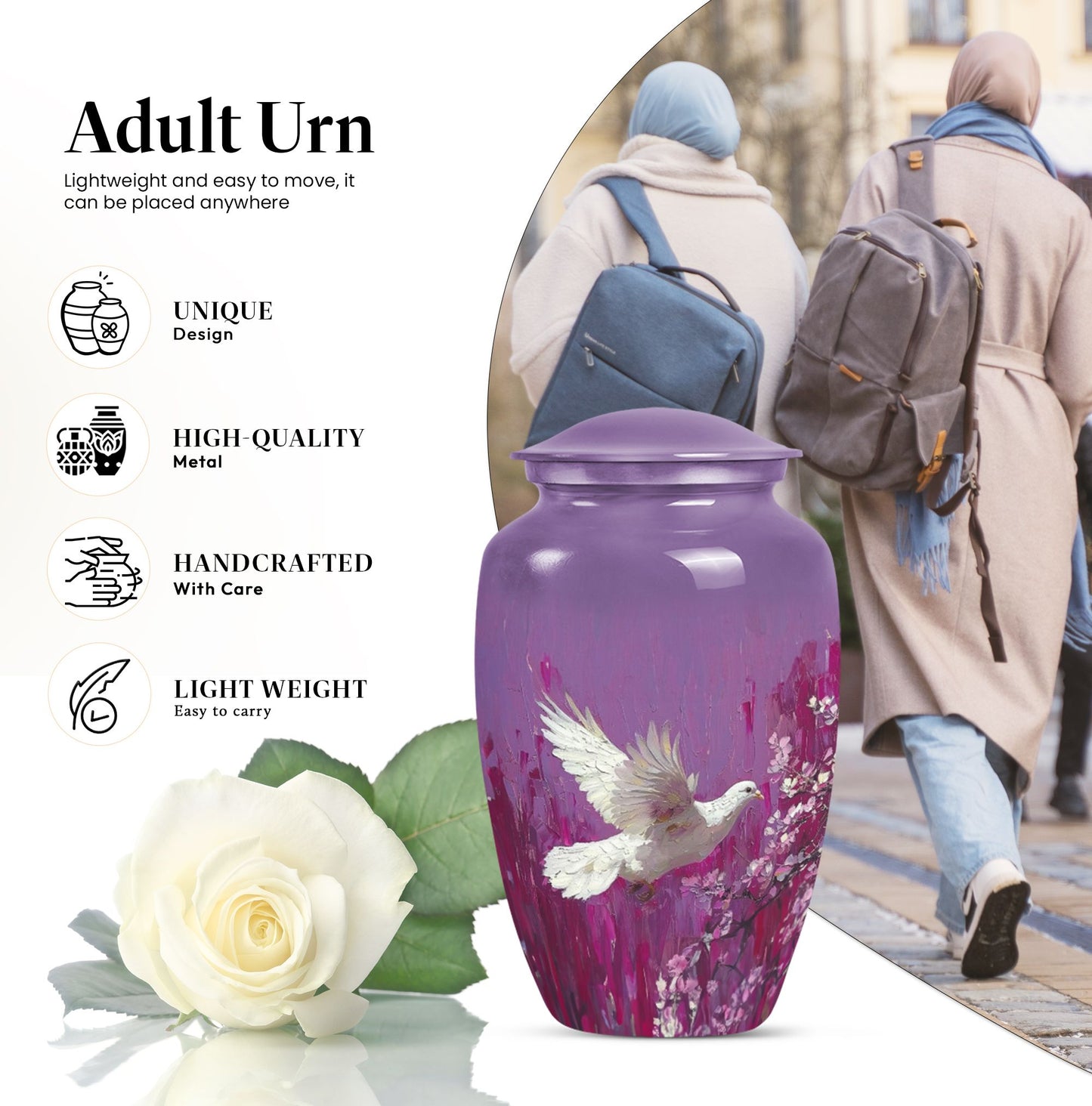 Classic 10-inch white dove on purple urn for ashes.