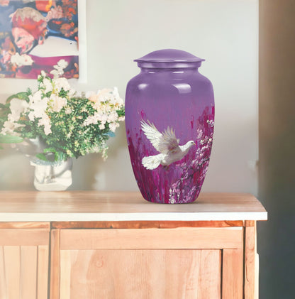 Classic 10-inch white dove on purple urn for ashes.