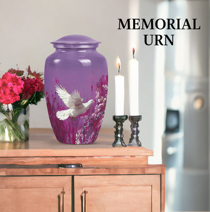 Classic 10-inch white dove on purple urn for ashes.
