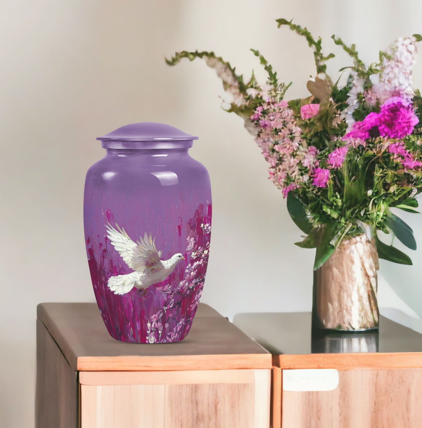 Classic 10-inch white dove on purple urn for ashes.