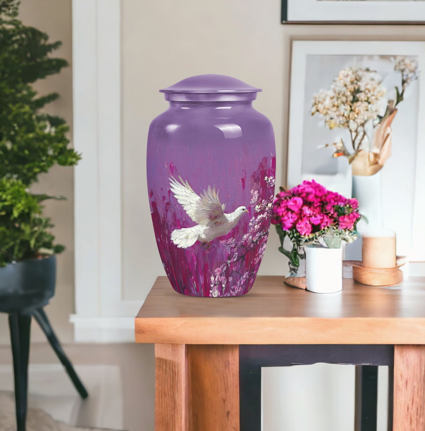 Classic 10-inch white dove on purple urn for ashes.