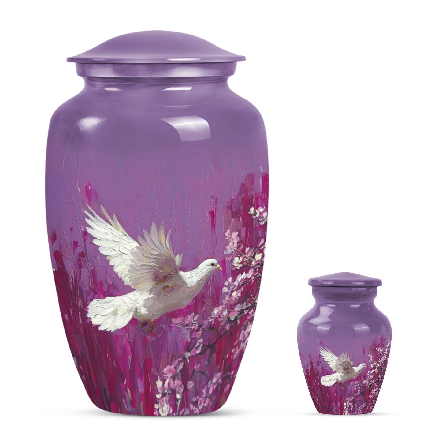 Classic 10-inch white dove on purple urn for ashes.