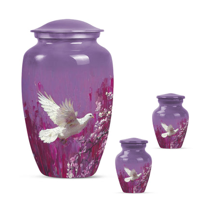 Classic 10-inch white dove on purple urn for ashes.
