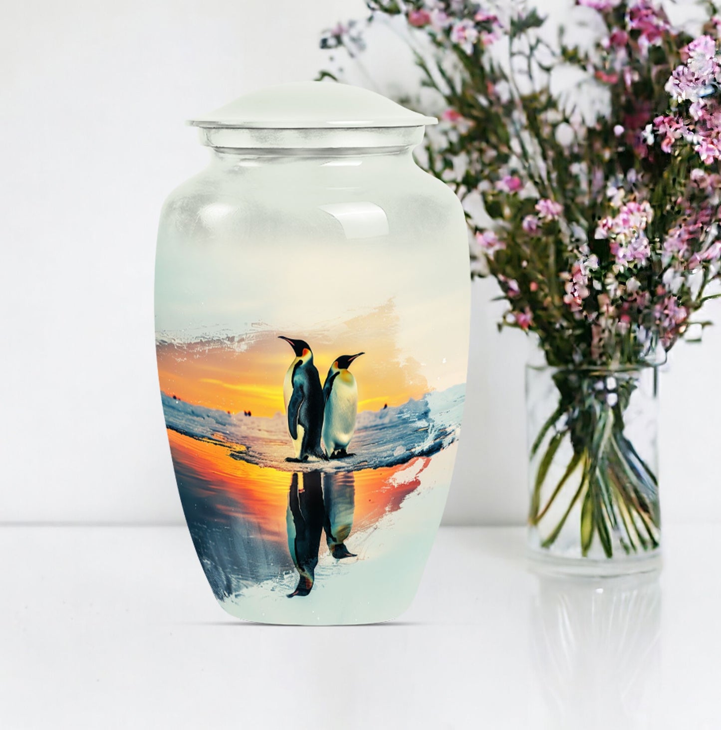aluminium Penguin Urn with butterfly design for adult ashes