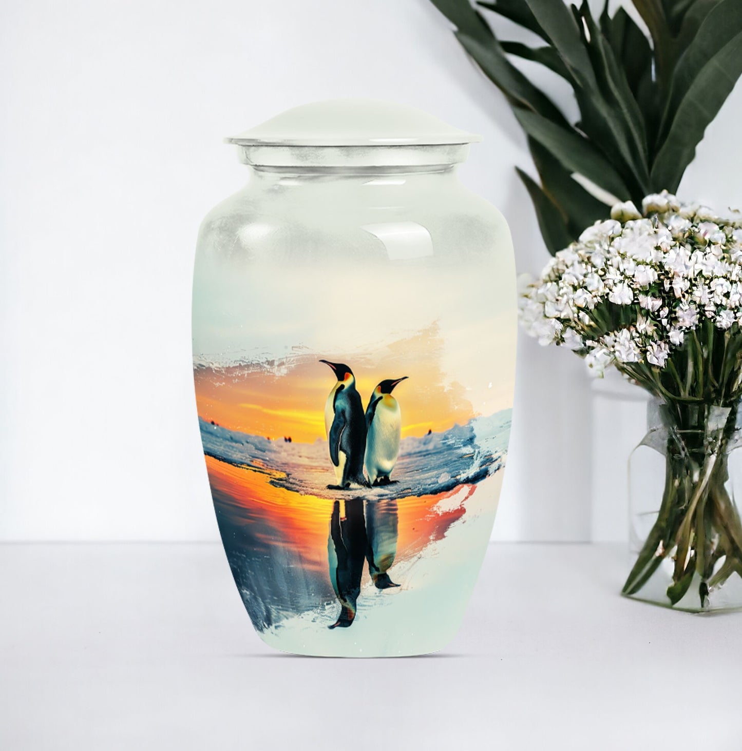 aluminium Penguin Urn with butterfly design for adult ashes