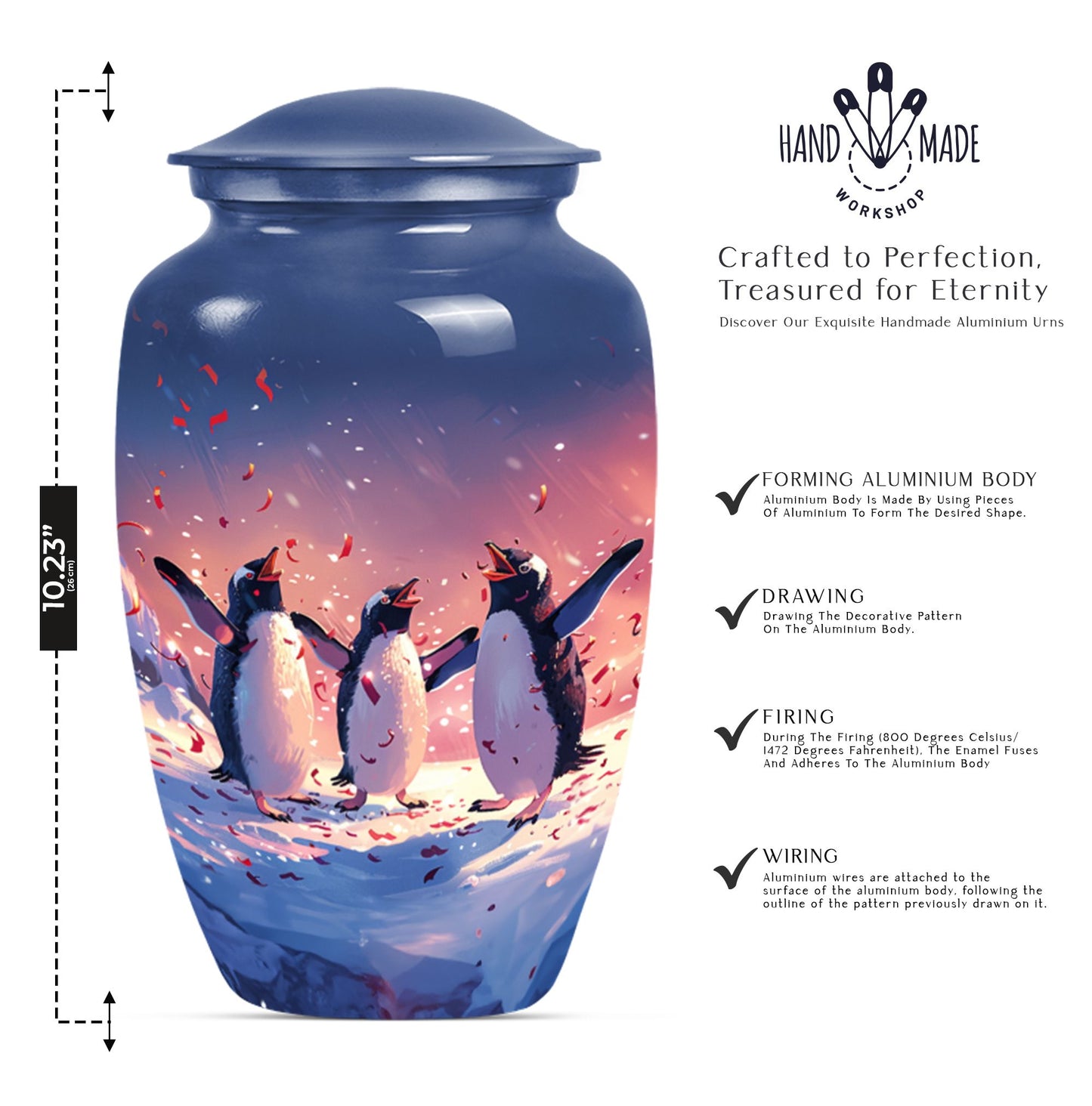10-inch Penguin Urn with butterfly theme.