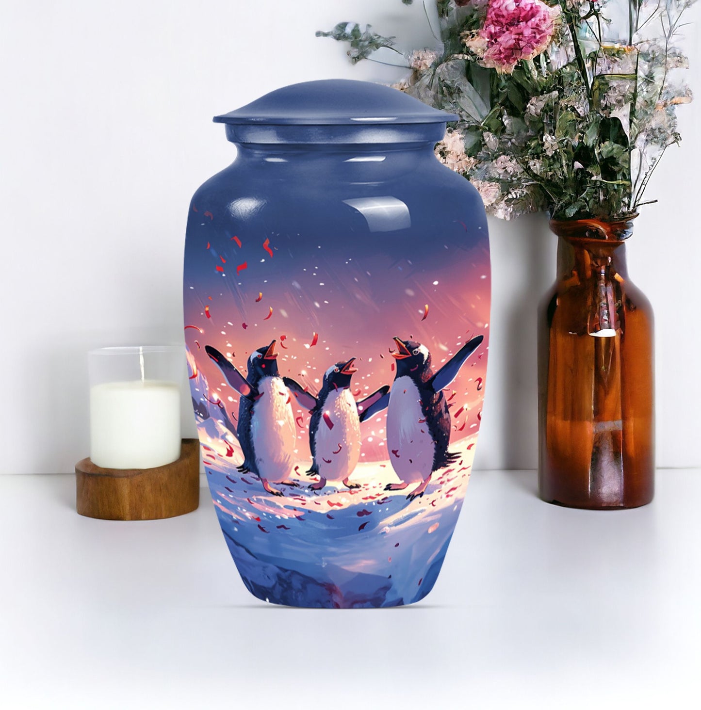 10-inch Penguin Urn with butterfly theme.