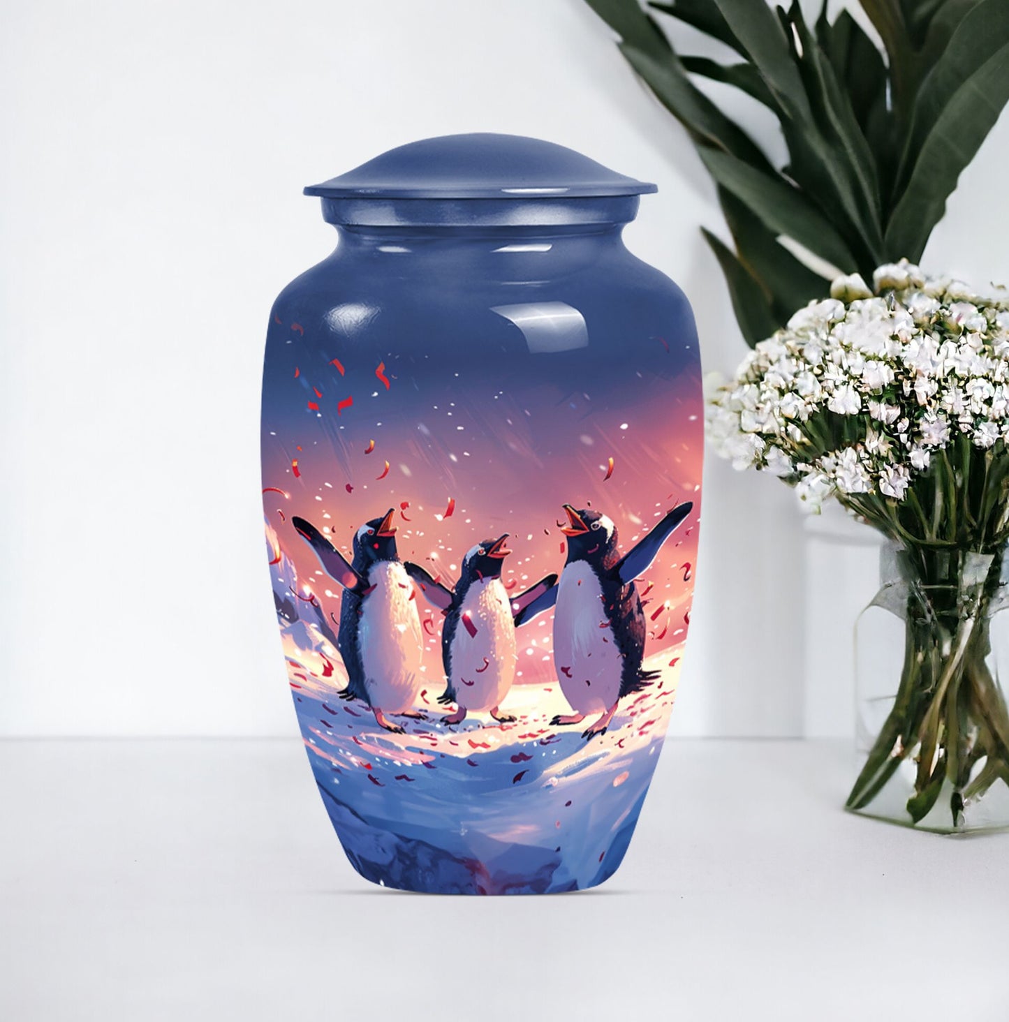 10-inch Penguin Urn with butterfly theme.