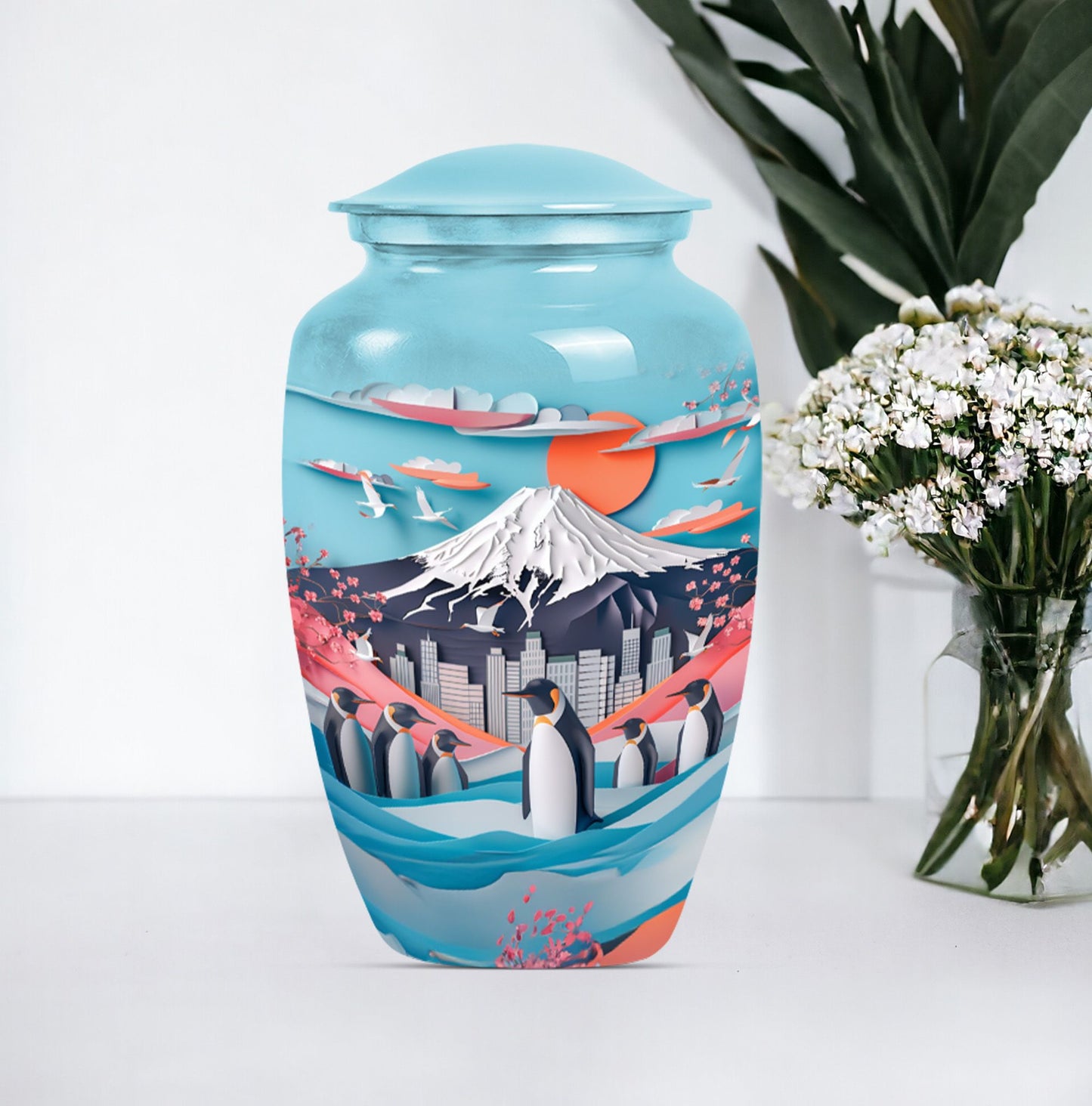classic Penguin Urn, Butterfly-theme large cremation urn
