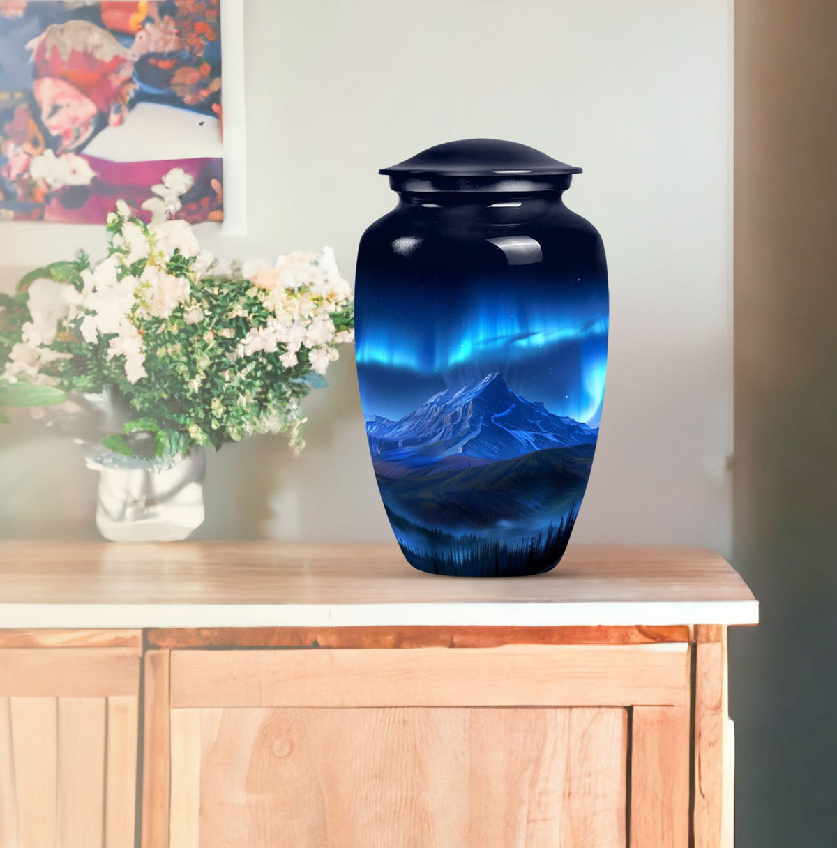 Classic 10 inch Northern Lights Urn with butterfly theme, 