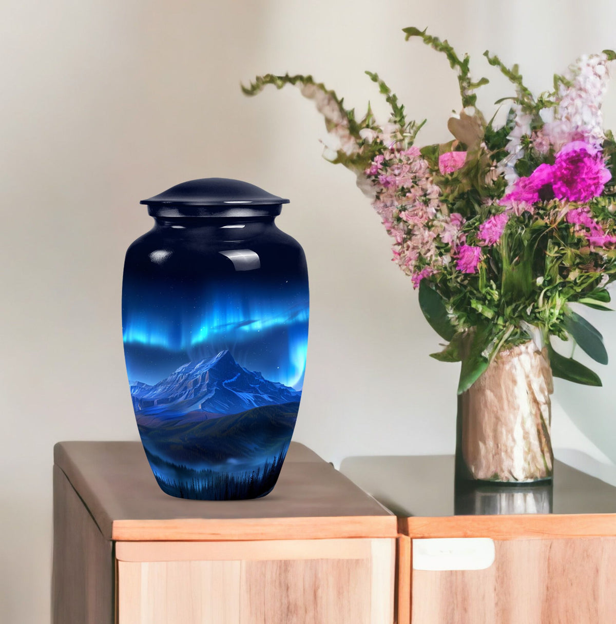 Classic 10 inch Northern Lights Urn with butterfly theme, 