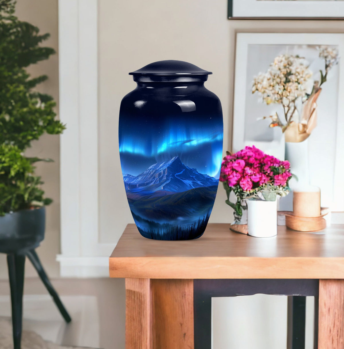 Classic 10 inch Northern Lights Urn with butterfly theme, 
